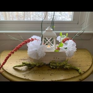 Lantern and crate pink and green centerpiece